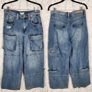 Cello Embroidered High Rise Wide Leg Cargo Pants Y2K Baggy